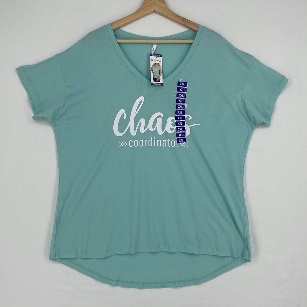 G Supply Womens XXL Graphic T-Shirt Green Short Sleeves V-Neck Chaos Coordinator